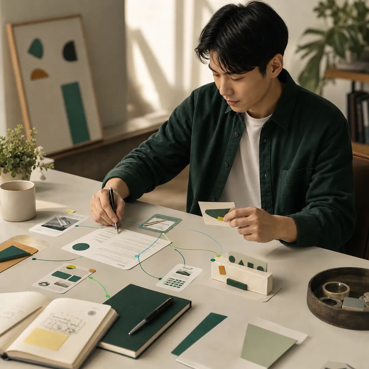Person mapping career assessment results at a desk
