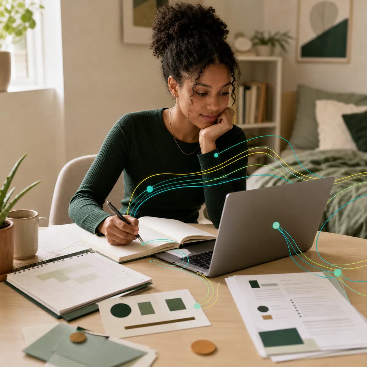 Student planning career actions beside a laptop
